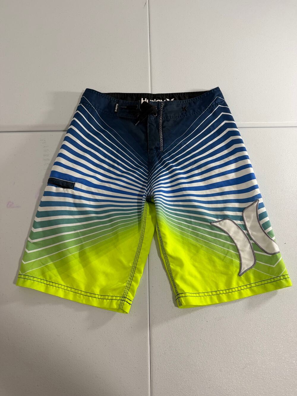Hurley Boys Board Shorts Size 16 Blue Green Yellow Striped Swim Trunks Youth